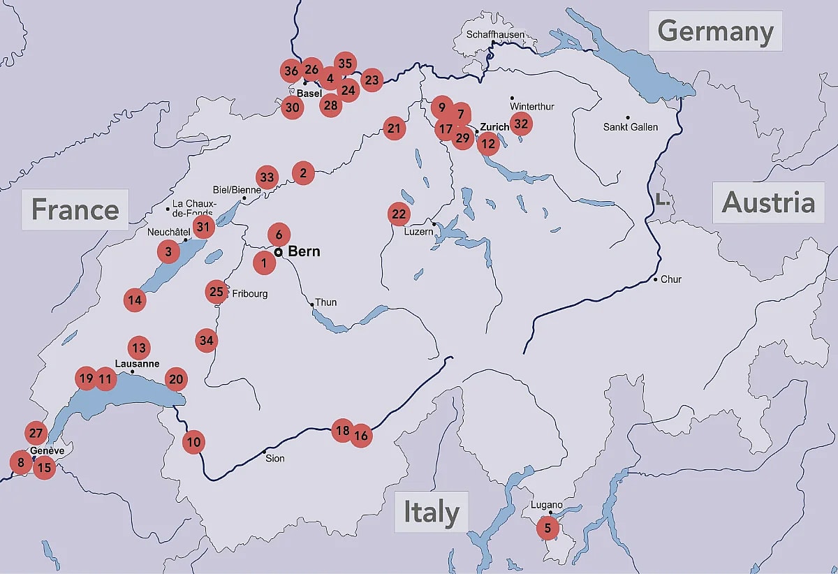 Figure 1: Selected biomanufacturing locations in Switzerland (Altorfer et al., Chimia 2025). Sites include Bavarian Nordic Berna, Biogen International, Bristol-Myers Squibb, Celonic, Cerbios, CSL Behring, Siegfried DINAMIQS, dsm-firmenich, Evitria, ExcellGene, Ferring, Givaudan, Ichnos Glenmark Innovation, Incyte, KBI Biopharma, Kodiak Sciences, LimmaTech, Lonza, Merck, Mibelle Biochemistry, MSD, Novartis, Om Pharma, Roche, T3 Pharmaceuticals, Takeda, The Cultured Hub, Thermo Fisher Scientific, UCB Farchim, DSM Nutritional Products and Novartis (cross-border).
